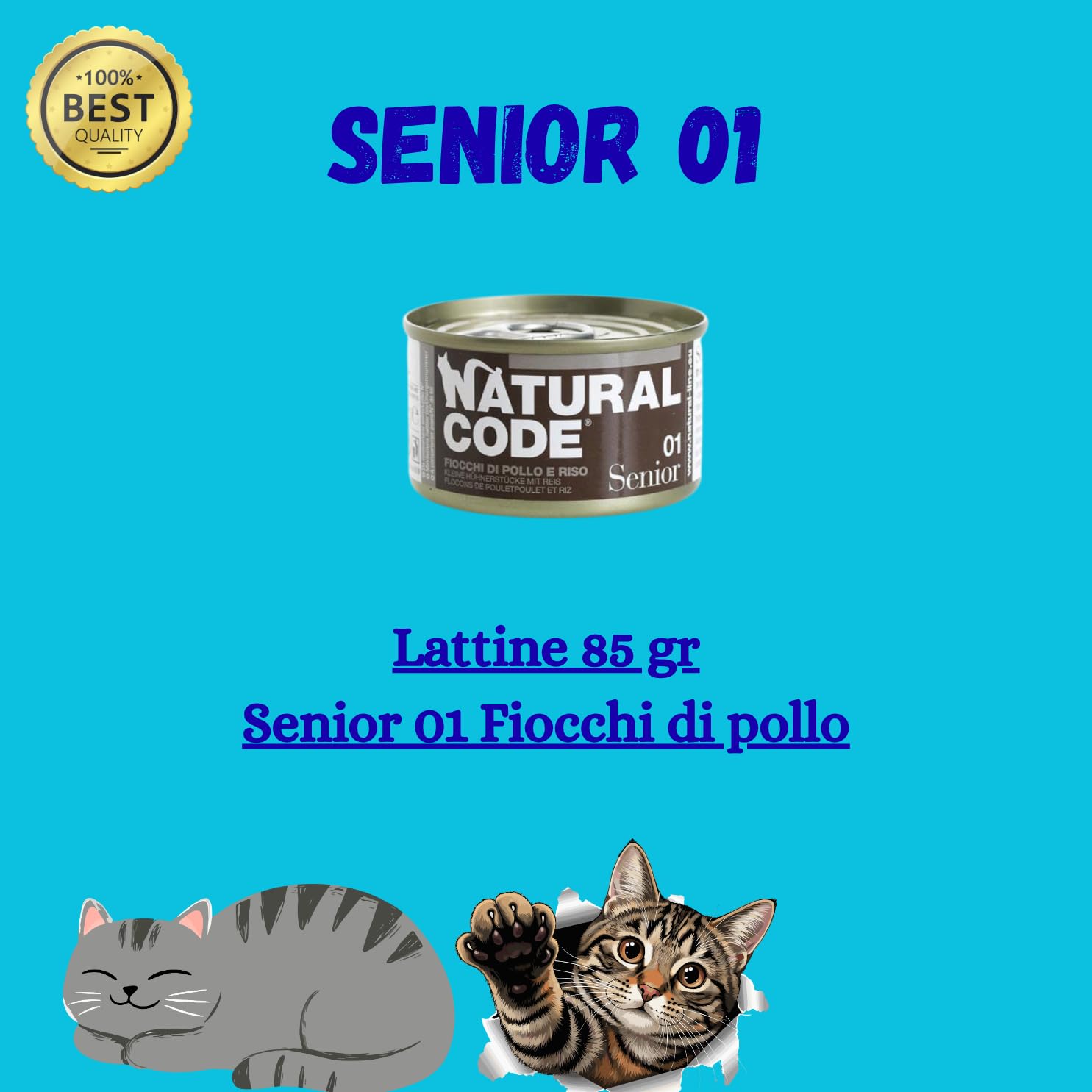 Natural Code - Alimento Húmedo Completo para Gatos Mayores Senior 01 Copos de Pollo, para Todas Las Tallas y Razas, 12 Latas de 85 Gramos