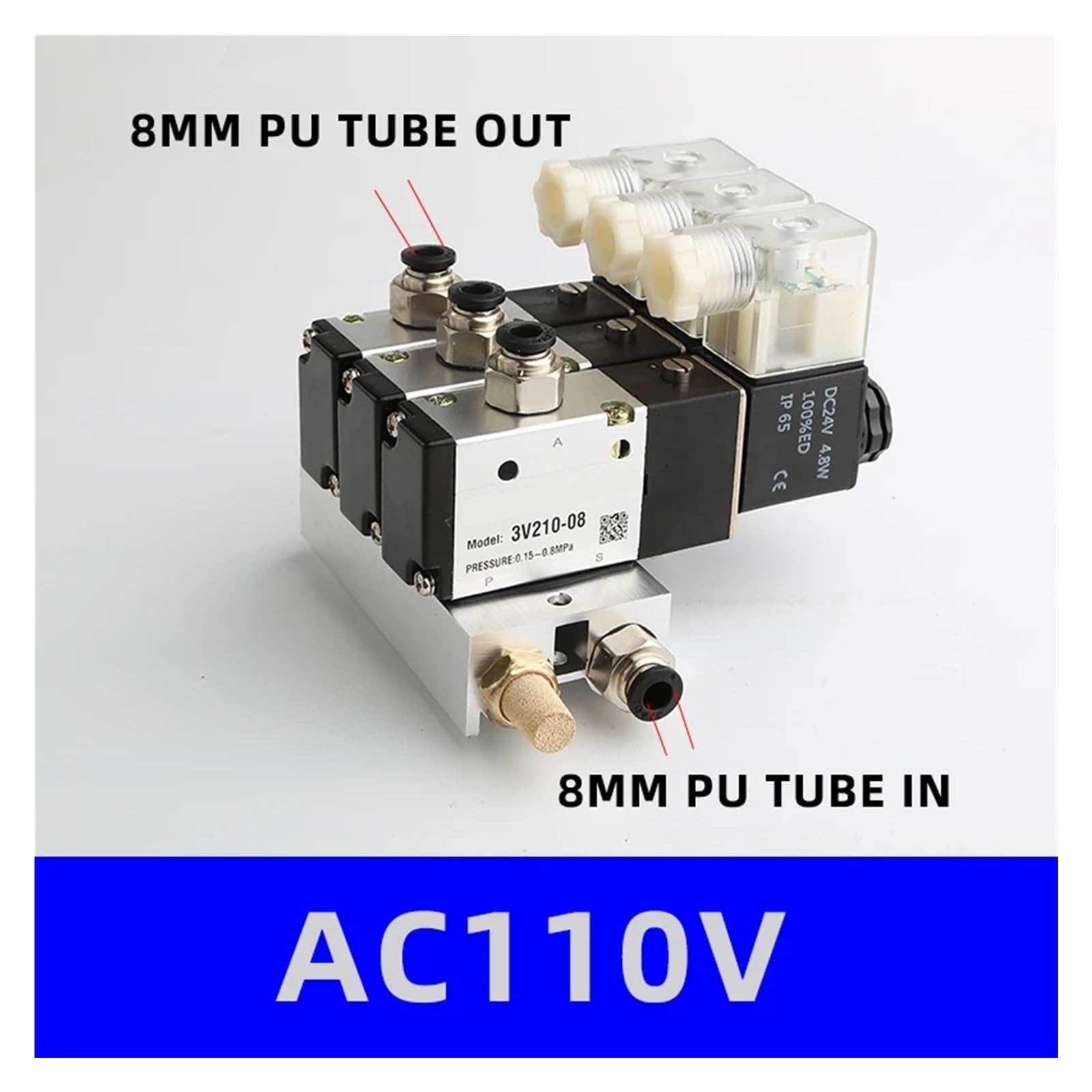 Bloque de electroválvulas normalmente cerradas con base for silenciador, colector DCAC 110 V/220 V, 3 puertos(Ac110v 8 in 8 Out)