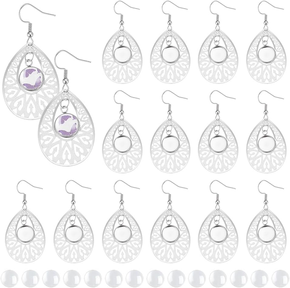 UNICRAFTALE 30 Sets 304 Stainless Steel Teardrop Dangle Earring Making Kits Blank Dome Dangle Earrings Transparent Glass Cabochon Settings Ear Hooks with Glass Cabochon for Jewelry Making