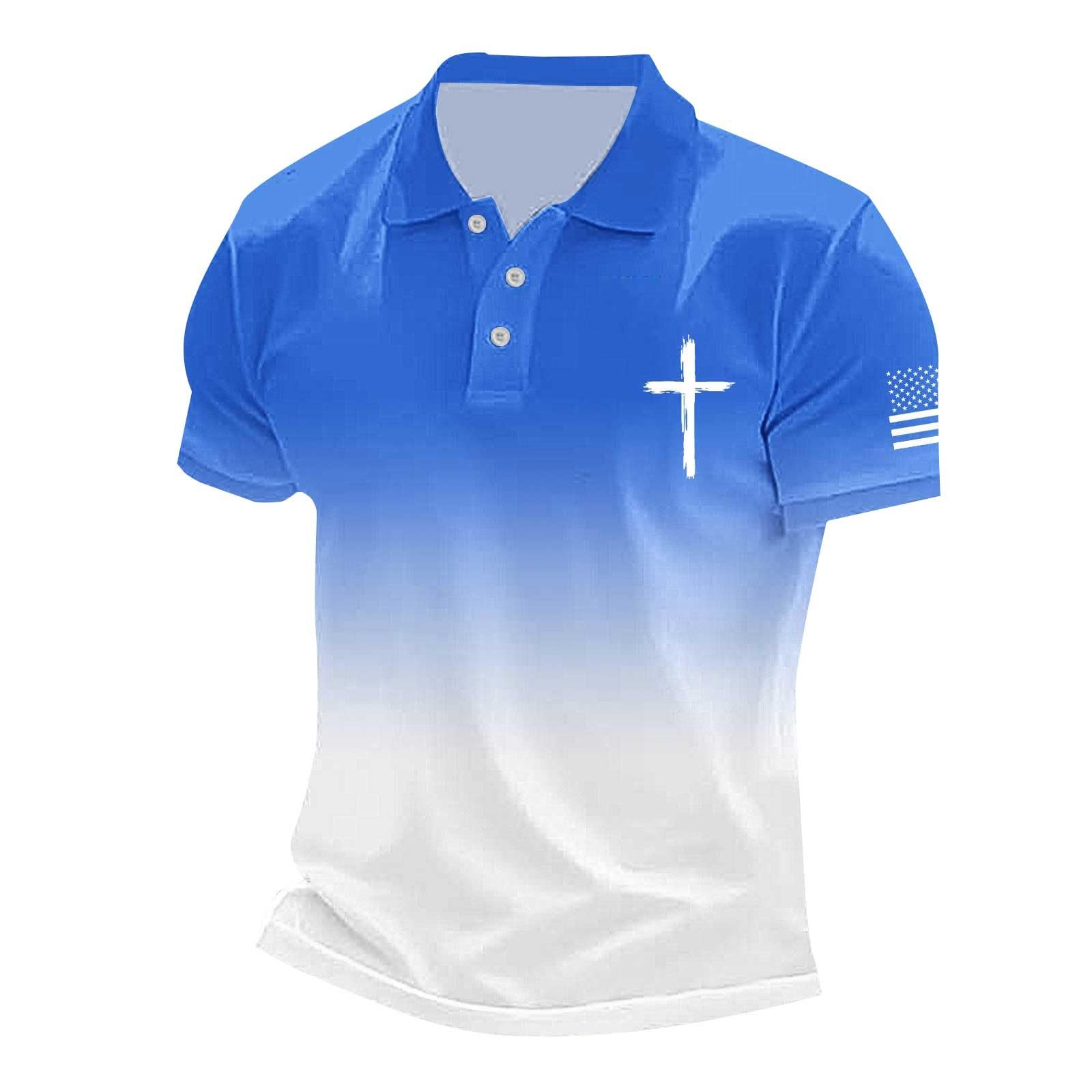 Christian Polo Shirts for Men Casual Active Performance Golf Shirt Cross Print Short Sleeve Breathable Collared Tee Tops, Z01-Blue, L