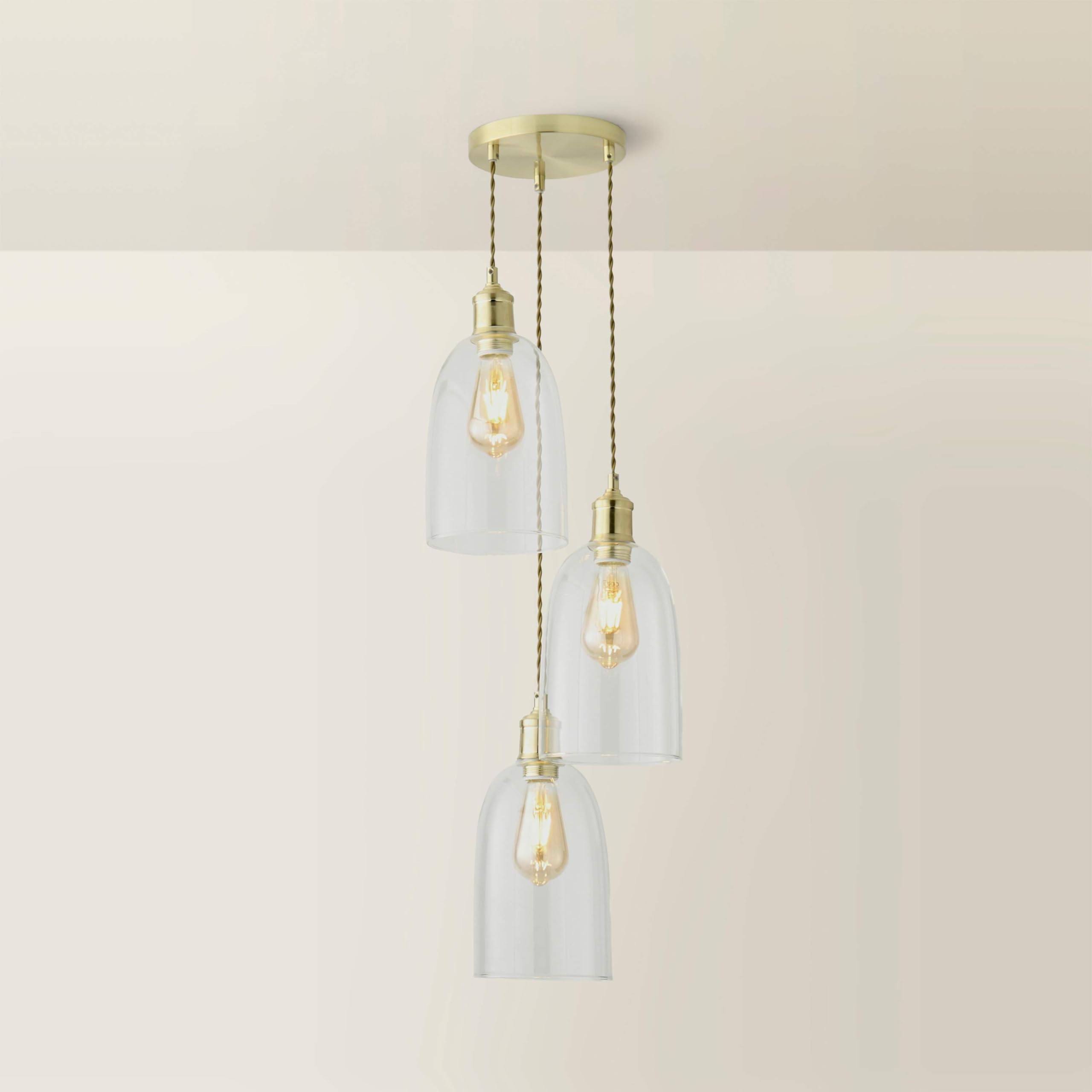 ValueLights | Kira Glass Cloche Dome 3 Drop Cluster Brushed Gold Ceiling Pendant Light | Pendent Light, Home Décor & Improvement Essential | Includes Full Wired Fitting