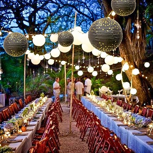 Image of Wanna Party Black Gold Party Decorations 12 inch Round Chinese Paper Lanterns,Black with golden polka dots Paper Lanterns Decorative for Wedding Graduation Anniversary Diwali Birthday Party
