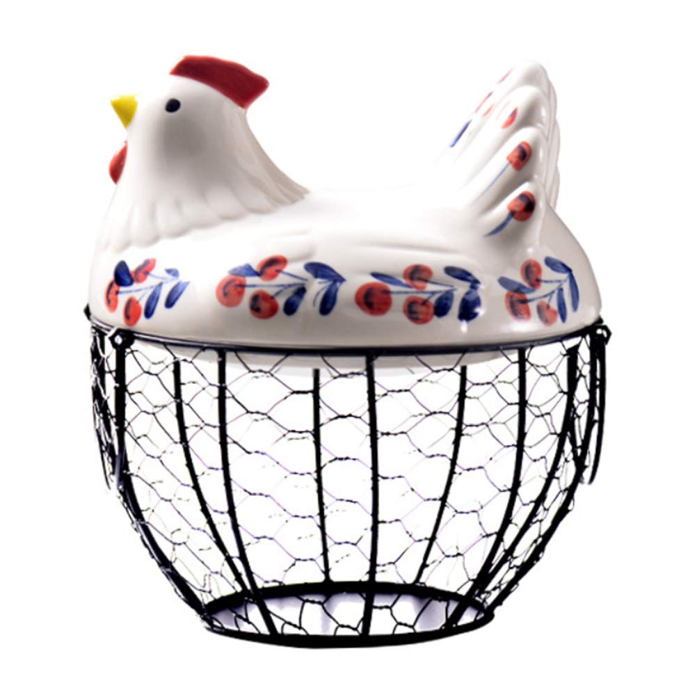 Cesta para huevos de alambre, cesta redonda de metal con cubierta en forma de gallina, cesta de recolección de huevos para huevos frescos (Negro)