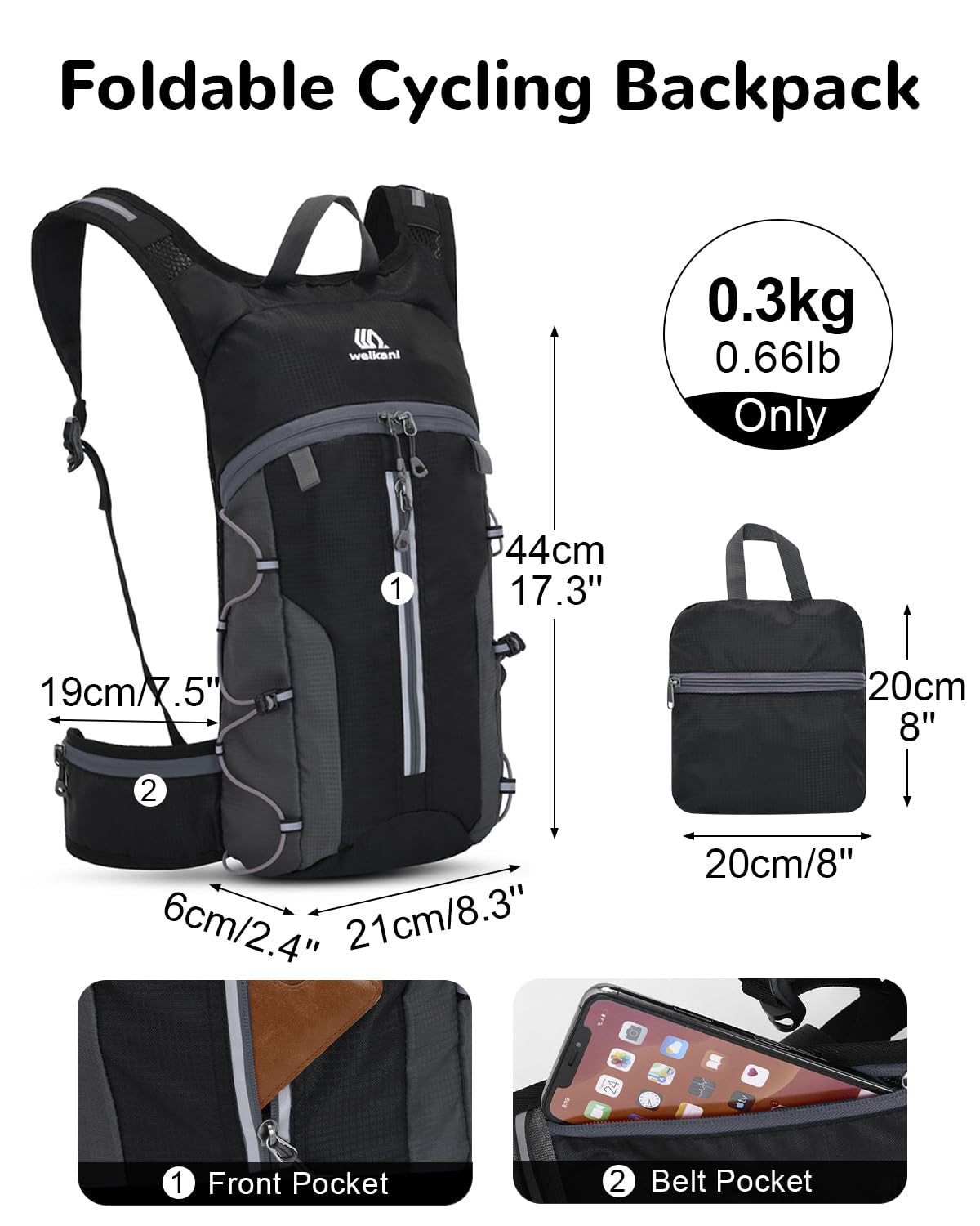 Faltbarer Fahrradrucksack Kleiner mit Helmnetz, MTB Rucksack Herren & Damen, Ultraleicht Wanderrucksack für Laufen Radfahren Skifahren, Schwarz