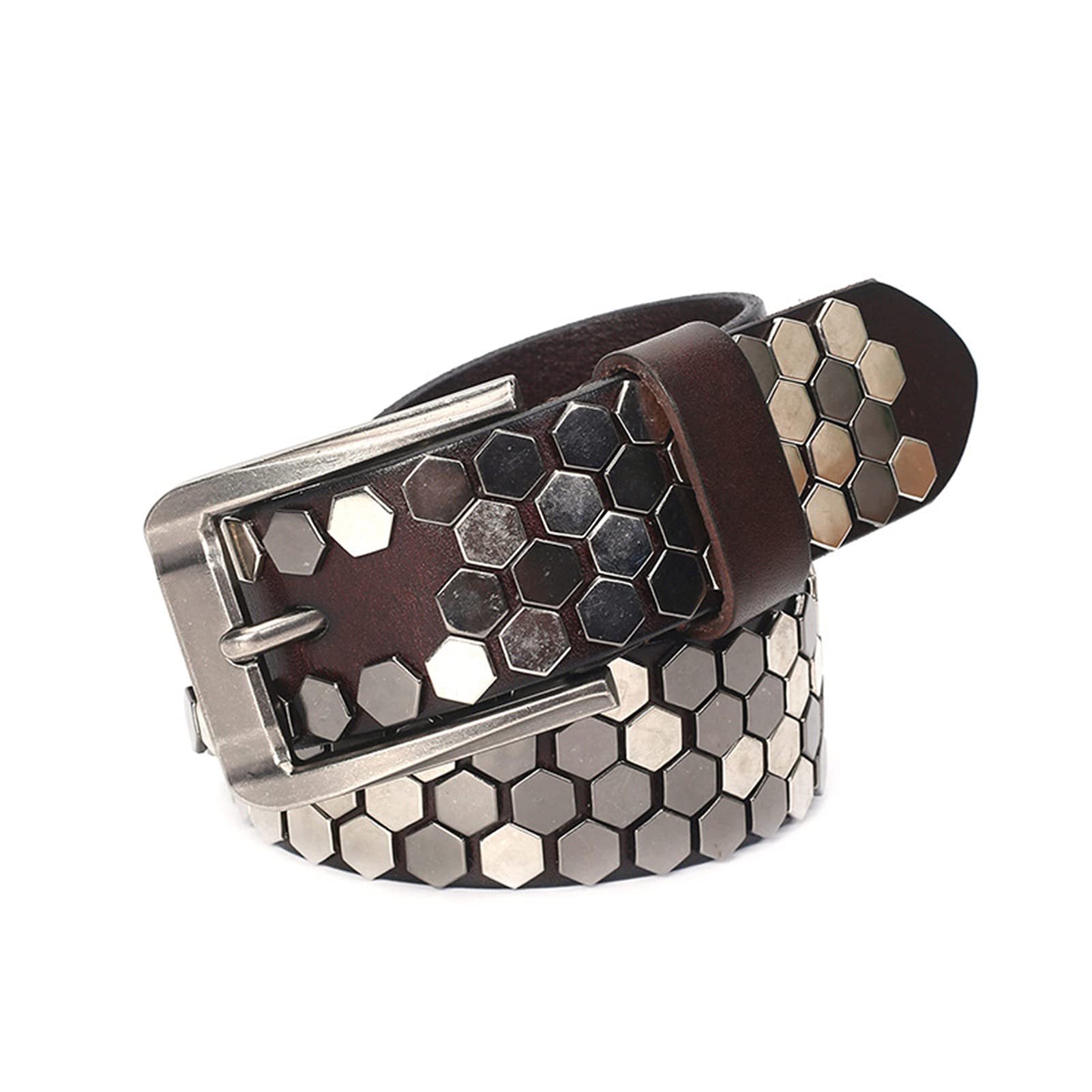 Vollrind-Walkleder Nietengürtel Mit Verschiedenfarbigen Sechseckige Wabe Nieten, Gürtel Für Damen Und Herren, Kürzbar, Unisex Studded Belt,Kaffee,105cm/waist:34"~36"