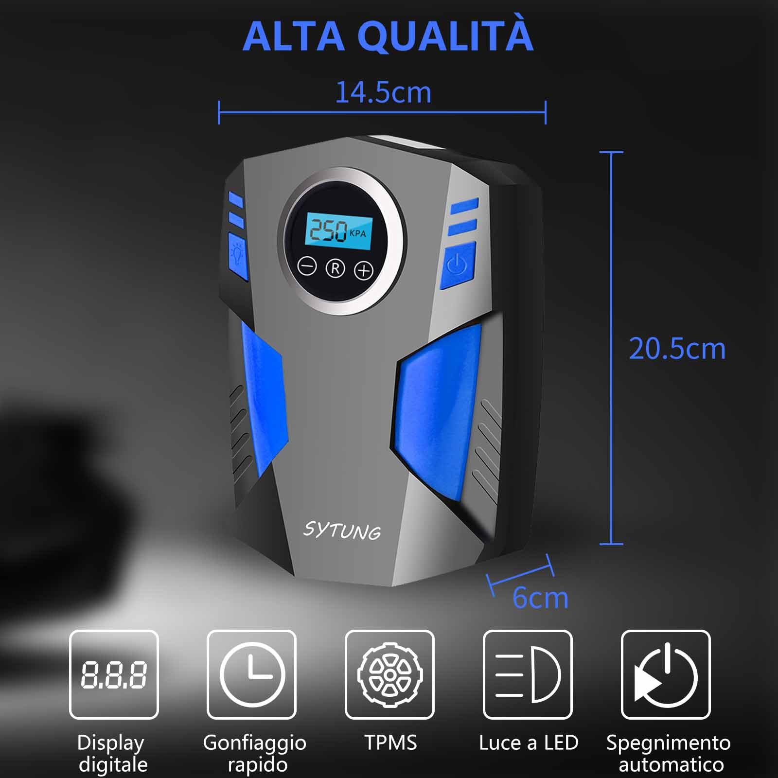 SYTUNG Compressore Aria Portatile, Compressore Aria Portatile Auto con 3 Adattatori per Ugelli e Luci LED Digitali per Pneumatici per Auto e Altri Prodotti Gonfiabili