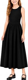 Girls Summer Maxi Dress Sleeveless Ruched Waist Flowy A Line Hem | 96% Cotton 4% Spandex Stretch Crew Neck Pull On Side Gathered Bodice School Church Travel Vacation Modest Family Photo Resort