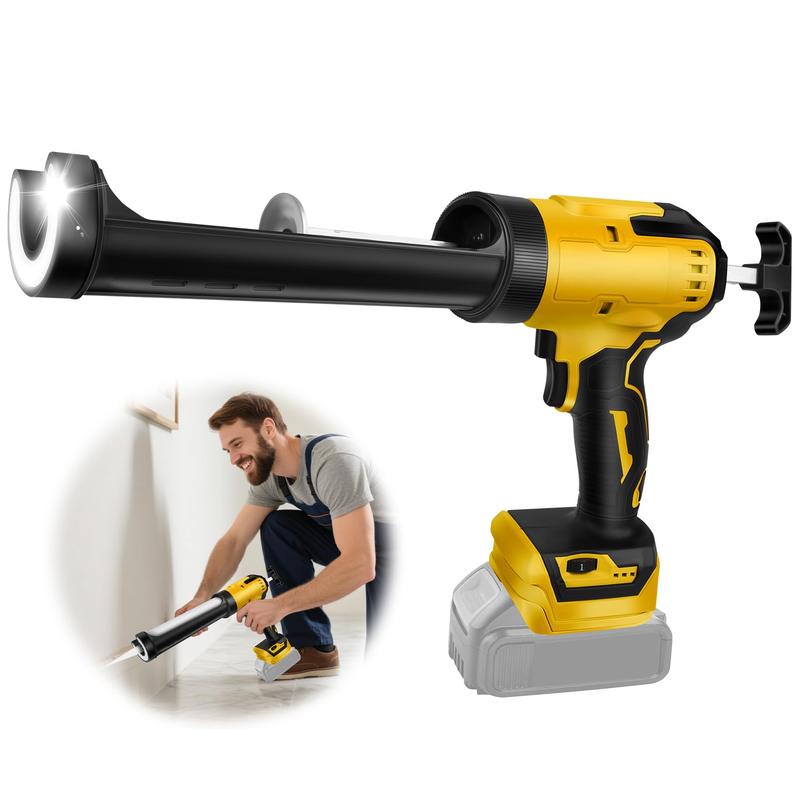 Cordless Caulking Gun for Dewalt 18V 20V Max Battery, 10oz/300ml Electric Silicone Gun with LED Light & Digital Display, 6 Adjustable Speed for Filling, Sealing, Repair (No Battery)