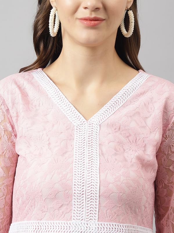 Image of Cicica Women's Baby Pink Russle Net Floral Tiered Western Dress | Dress for Women | A line Dress | Winter Dress | Western Dress | Women Dress | Trendy Dress | Midi Dress