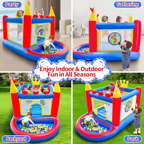Inflatable Bounce House with Blower, PVC Bouncer for Kids Ages 3-8, Indoor and Outdoor Bouncy Playhouse, Jumping Castle with Pump, Ball Pit, Ringtoss and Target Game, Bouncer for 3 Kids - Image 5
