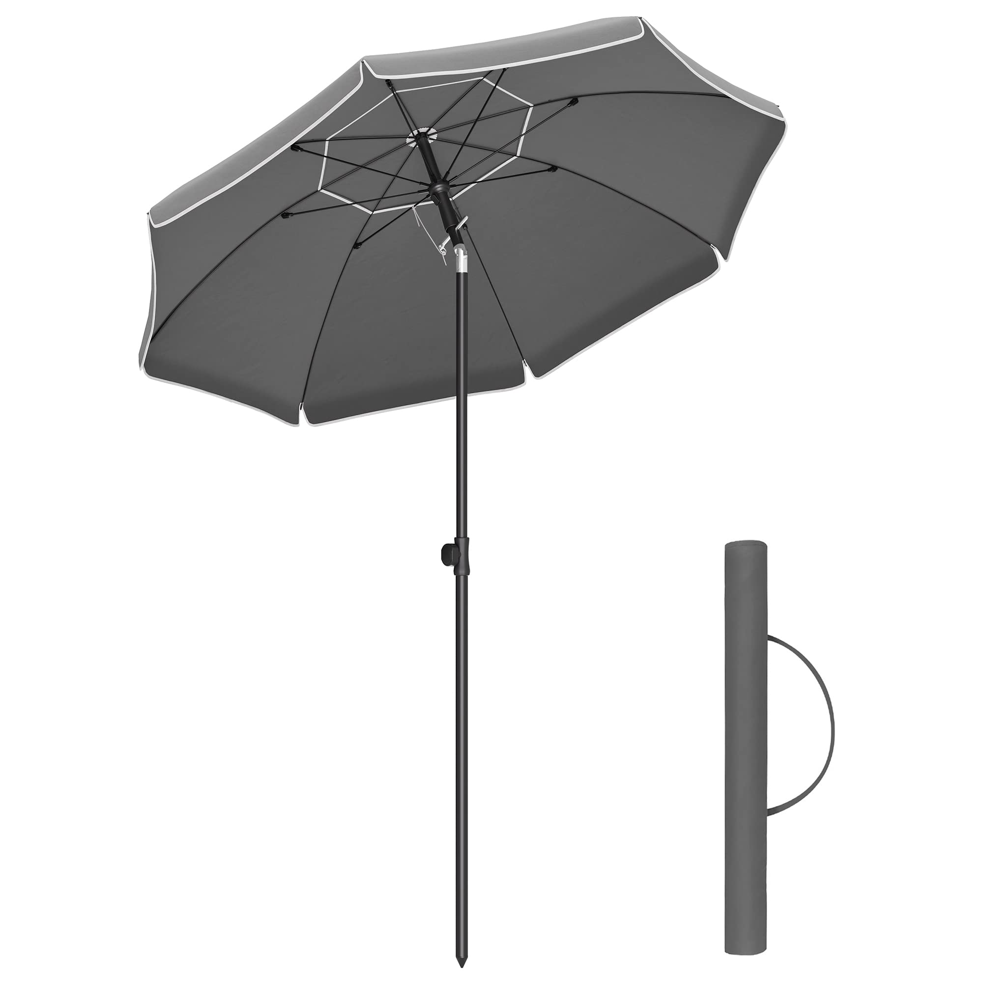 SONGMICS Sombrilla de 160 cm, UPF 50+, Inclinación Bidireccional de 30°, Altura Ajustable, con Bolsa de Transporte, para Balcón Jardín Terraza Playa, sin Base, Gris GPU060G01