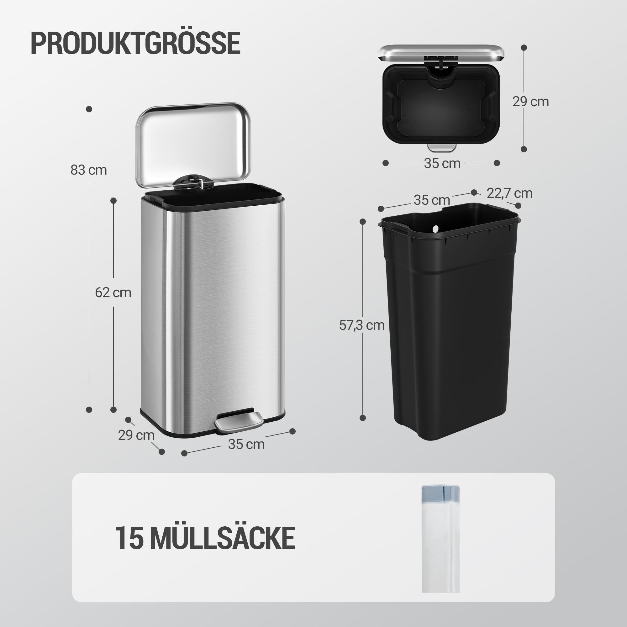 Hzuaneri Mülleimer Küche, 30L Abfalleimer mit Tretpedal, Tretmülleimer mit Softclose-Deckel und Inneneimer, Küchenmülleimer mit 15 Müllbeuteln, Stahl, Silber SW13099B