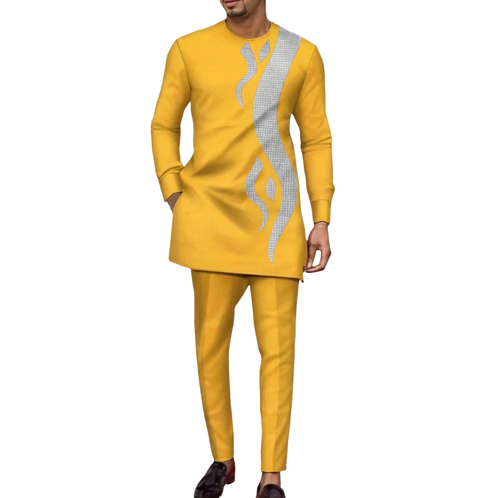 Generisch Costume da uomo africano Dashiki africano, camicia etnica con stampa, 2 pezzi, abito tradizionale, abbigliamento casual, per matrimonio mediorientale, con pantaloni, musulmano, a maniche