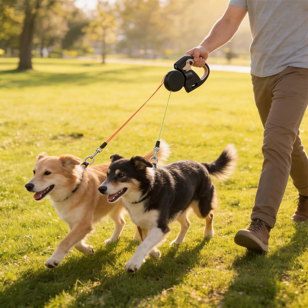 CEWROM Doppelleine für 2 Hunde, 3 m Ausziehbare Anti-Verwickel-Hundeleine mit 360° Drehung, Integrierter Taschenlampe & Kotbeutelhalter, Schnellbremsknopf Für Kleine Und Mittelgroße Hunde