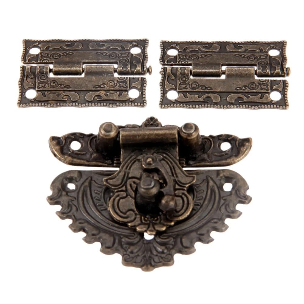 Candado de bronce antiguo para caja de madera + bisagra de armario de maleta, accesorios decorativos retro (3 juegos)