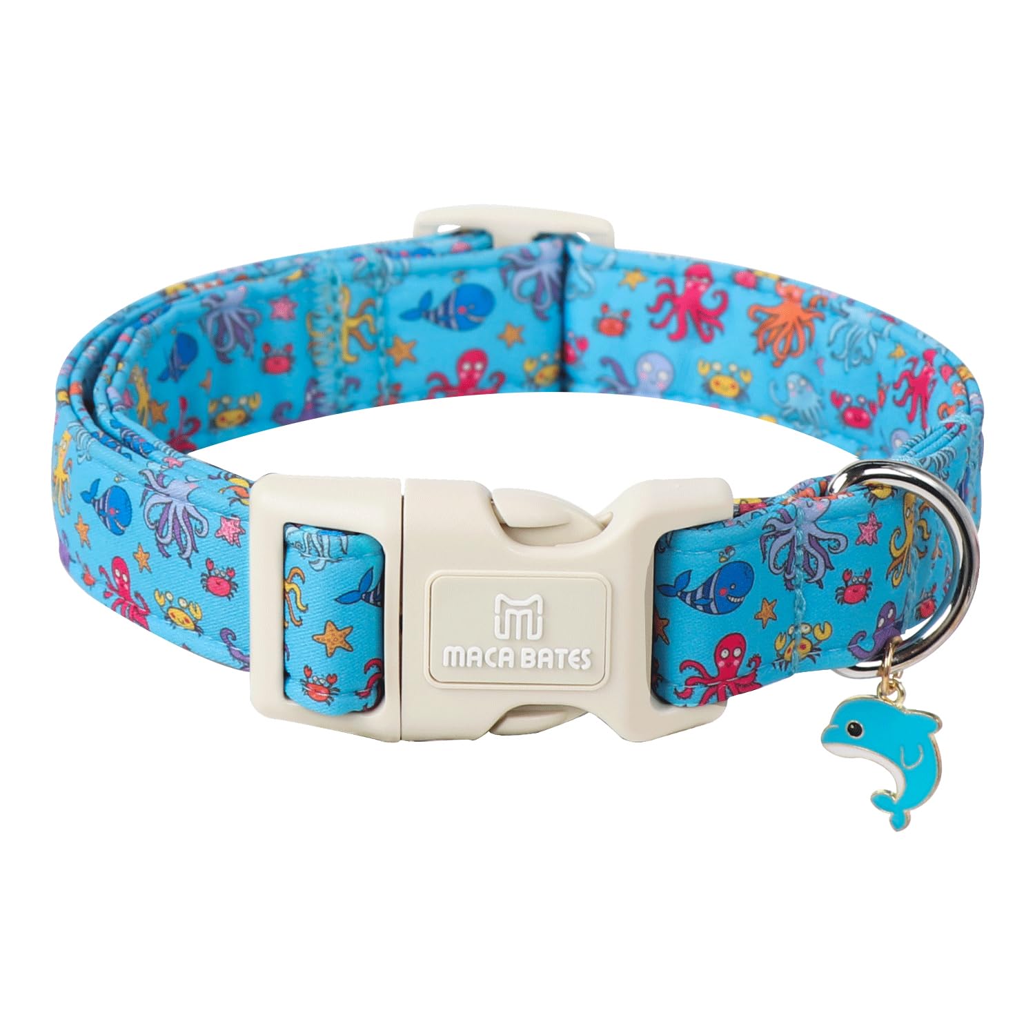 Maca Bates Summer Cute Sea World Dog Collar for Small Boy Girl with Dolphin Charm,Blue Nautical Fish Octopus Pattern,Adjustable Durable Soft Birthday