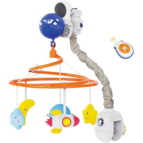 Baby Crib Mobile with Music and Lights, Space Baby Mobile for Crib with Remote Control, Spaceman Nursery Decor Hanging Plush Crib Toys for Newborn Boys and Girls Infant Babies 0-6-12 Months