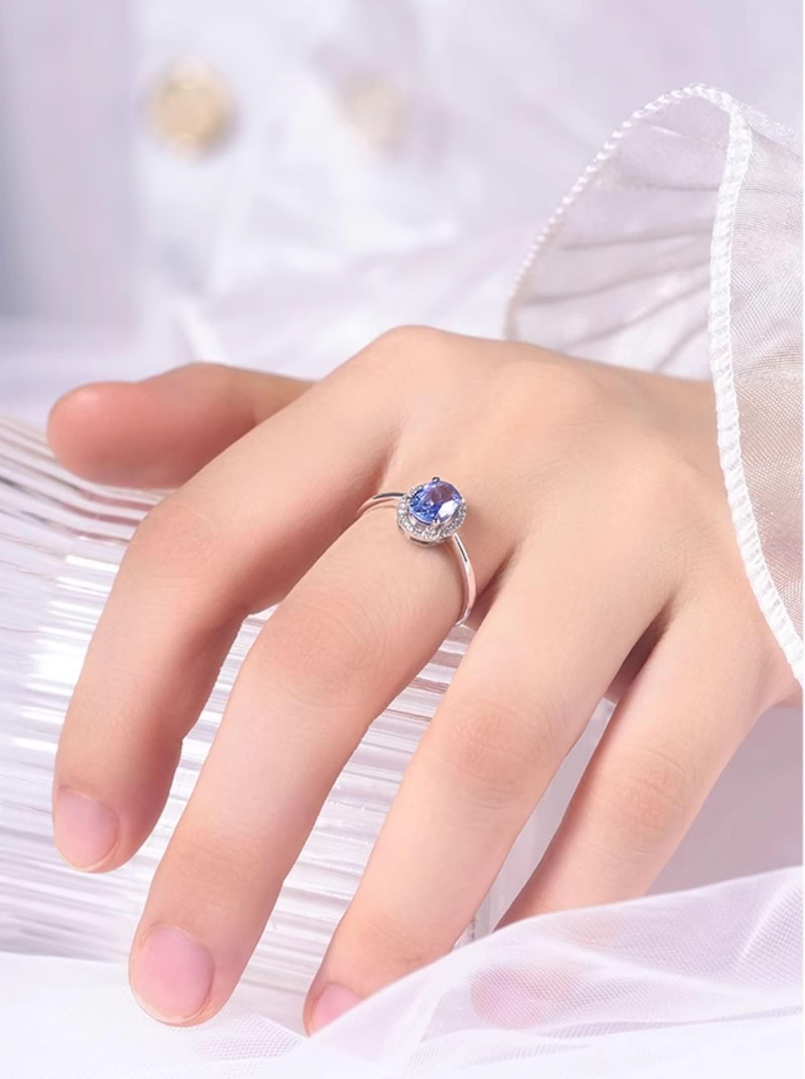 Anillos Boda Oro Blanco 9 Kilates / 14 Kilates / 18 Kilates Mujer, 4 Garras Oval con Zafiro de 1 ct y Diamante de 0,09 ct, Anillos de Plata Azul Boda Mujer