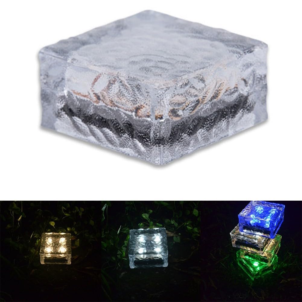 Confezione da 4 luci solari in vetro a forma di mattoni, impermeabili, con accensione e spegnimento automatici, per giardino, patio, vialetto, cortile (luce bianca)