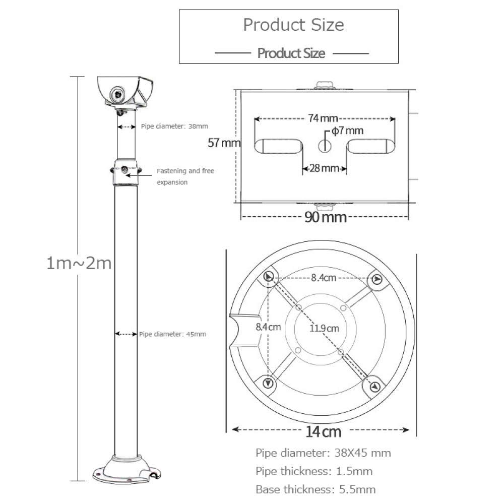 Supporto telescopico da parete per telecamera di sicurezza, regolabile, 1-2 m, in alluminio, per sorveglianza, supporto in metallo bianco per uso interno/esterno, lunghezza 100-200 cm