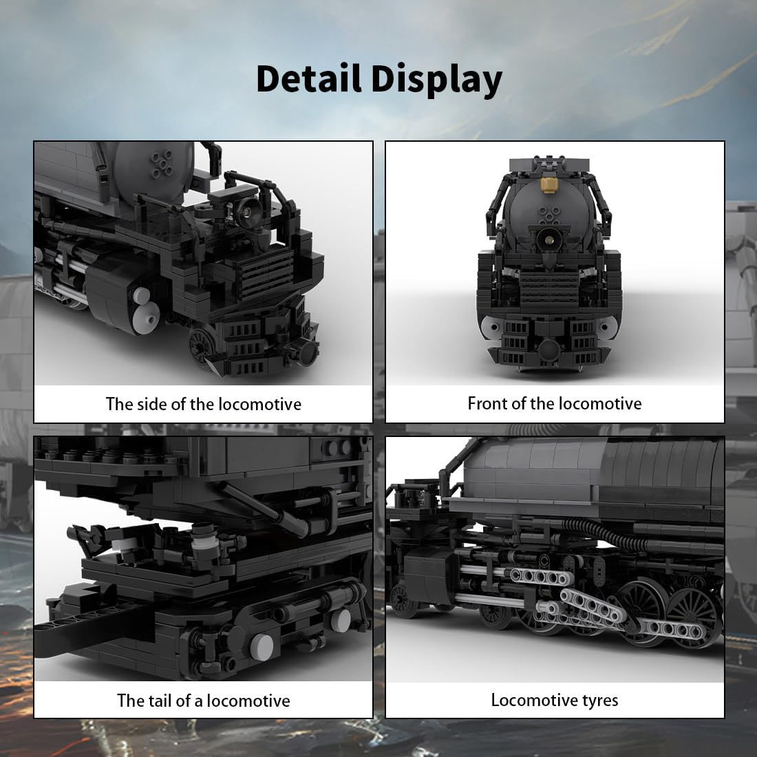 Detailed views of the locomotive's front, side, tail, and wheels