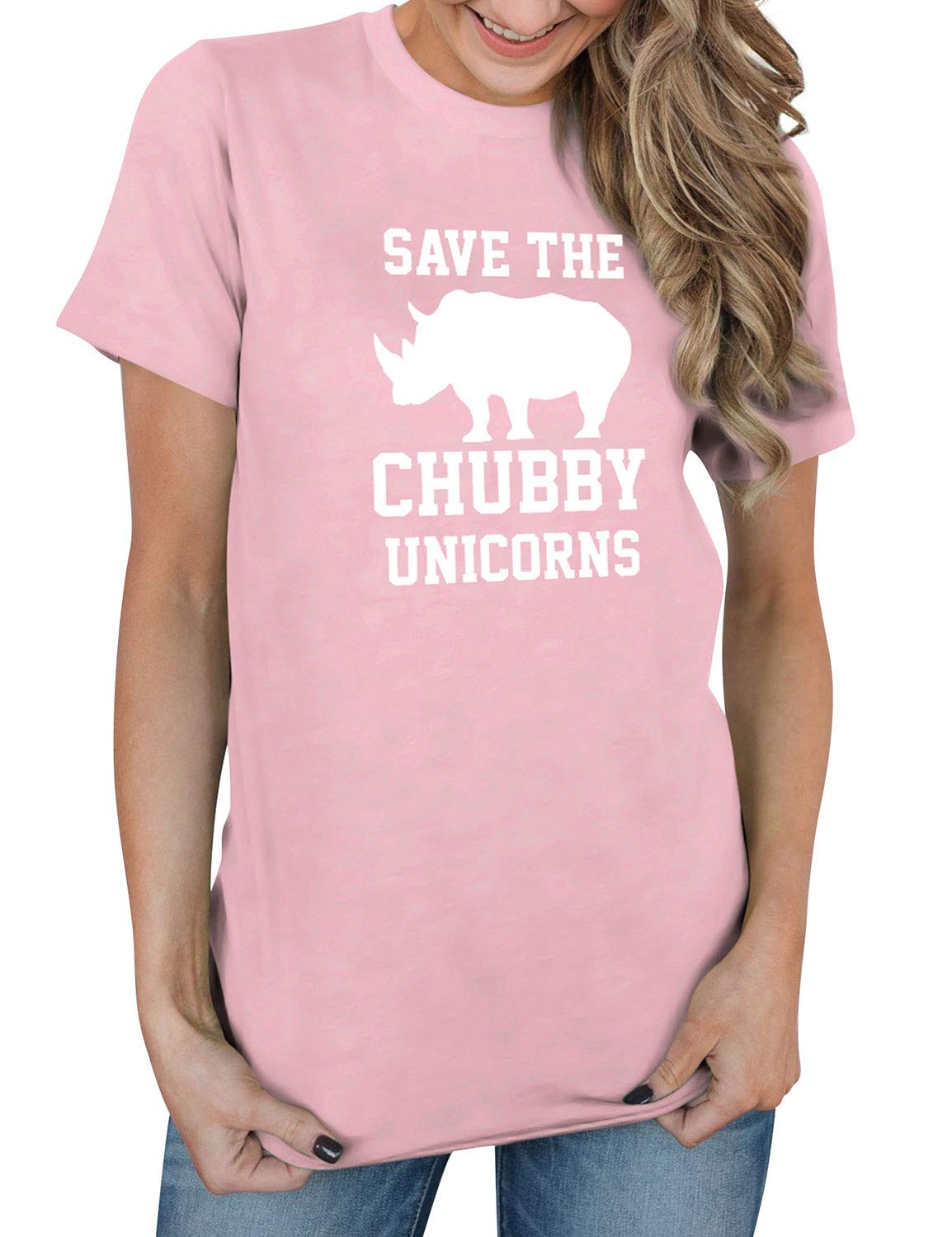 OUNARWomen Save The Chubby Unicorn T Shirt Graphic Print Casual Loose Crew Neck Blouse Tops