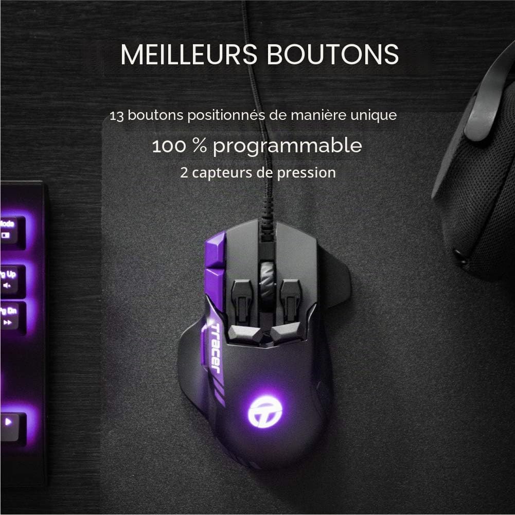 Swiftpoint Tracer Souris de Jeu Filaire : 13 Boutons programmables, 2 capteurs de Pression, Boutons latéraux, 12000 DPI, commutateurs mécaniques, mémoire intégrée, 16 profils de Jeu, RVB, Violet/Noir