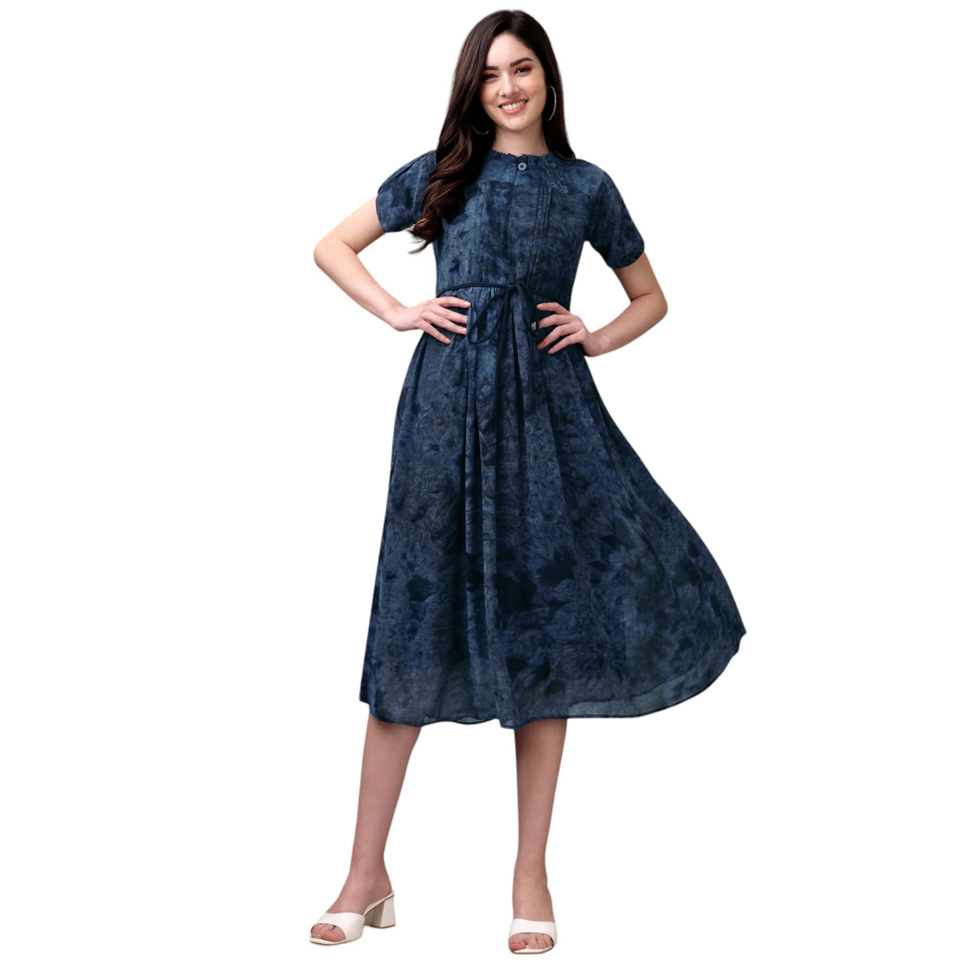 Gufrina Women's Half Sleeve Ruffle Neck & Tie-Up Dress - Elegant Midi Dress With Pleated Details (Blue S)