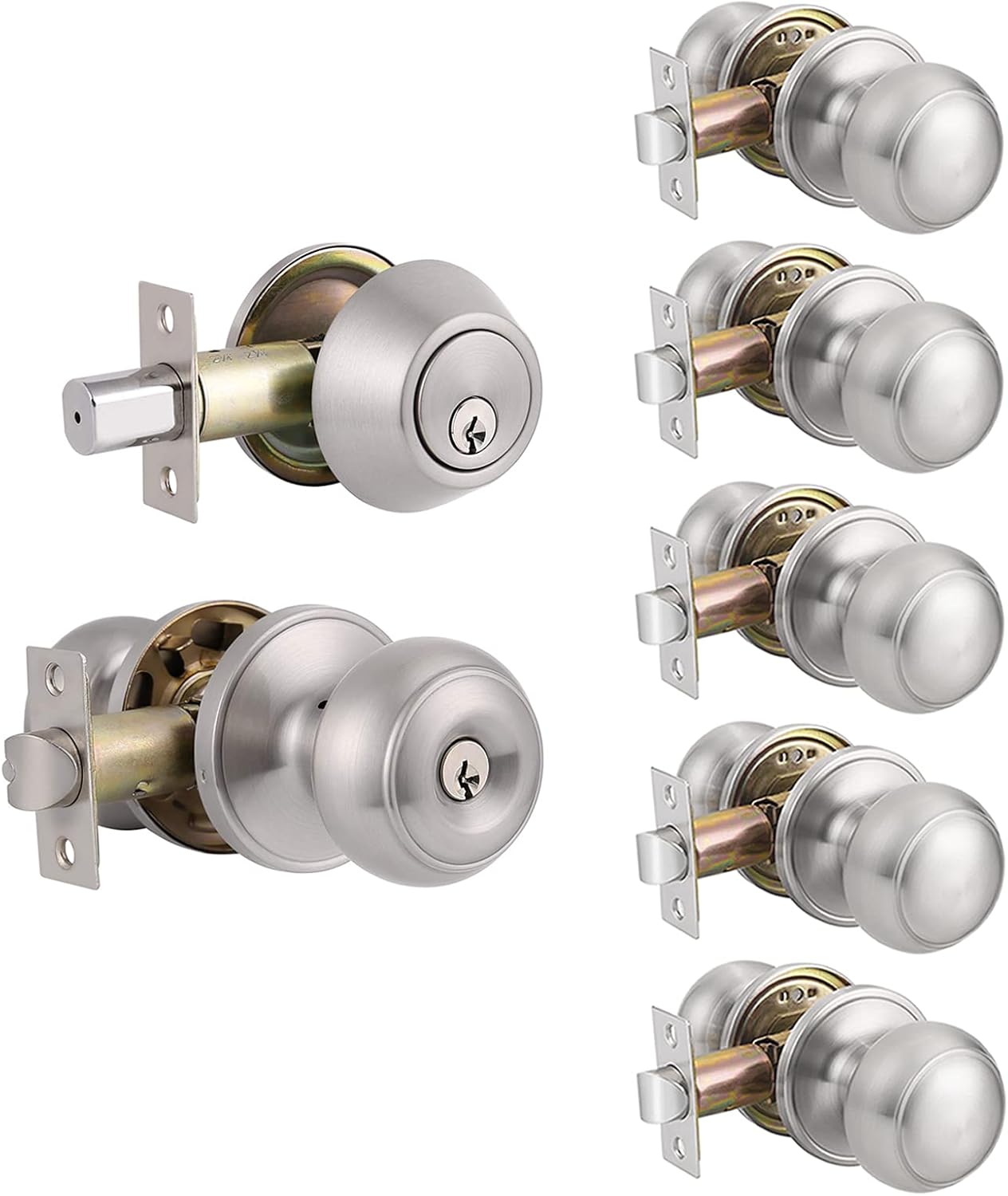 Probrico (1 Set Keyed Alike Door Lock Set and (5 Pack) Passage Door Knobs, Interior Door Knobs Brushed Nickel Finish