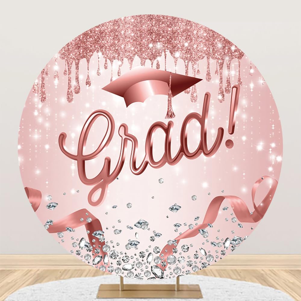 Renaiss 7.5x7.5ft Graduation Cap Round Backdrop Covers for Photoshoot Boys Girls Portrait Diamonds Glittering Pink Circle Photography Background