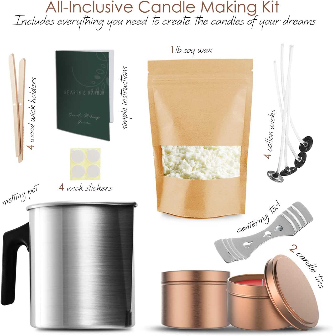Hearth & Harbor Organic Soy Candle Making Kit for Adults, DIY Crafts, Complete Candle Making Supplies Include Natural Soy Wax, Tins, Pot, Wicks & More – Gift Idea, Perfect Home Decor – 1 Lbs