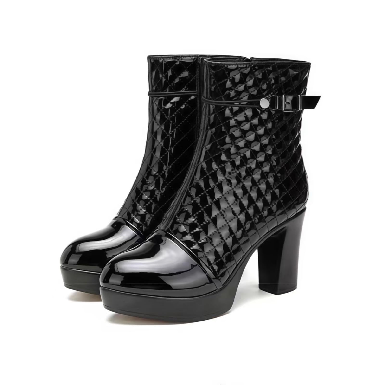 Womens Patent Leather Fashion Pointed Toe Side Zipper Boot Mid Heel Ankle Bootie Platform Block High Heel with