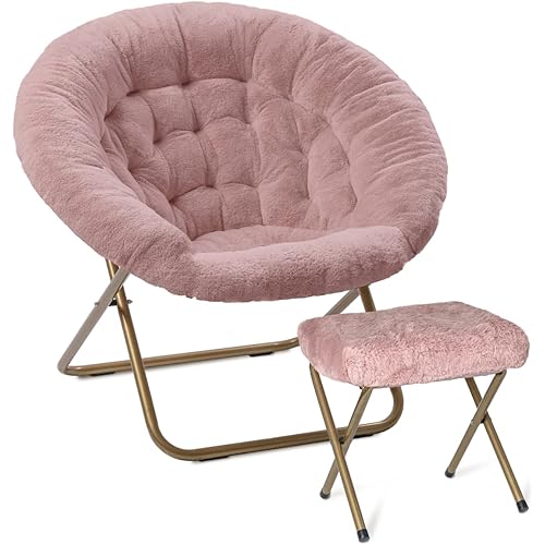 Milliard Cozy Chair with Footrest Ottoman/Faux Fur Saucer Chair for Bedroom/X-Large (Pink)