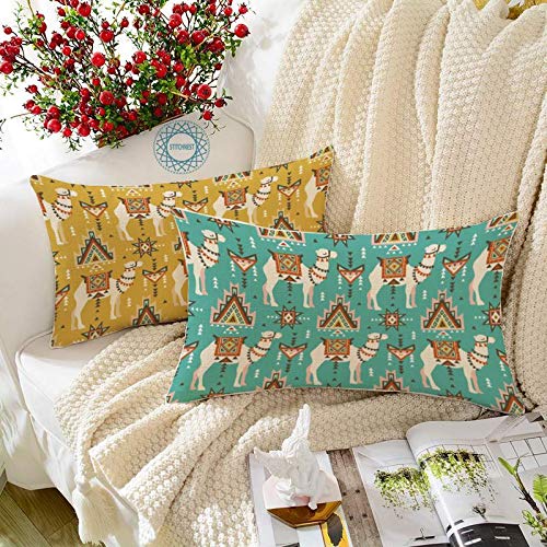 STITCHNEST Indian Ethnic Cotton Camel Digital Print Rectangular Cushion Cover, 12 x 18 Inches, Teal and Yellow -Set of 2