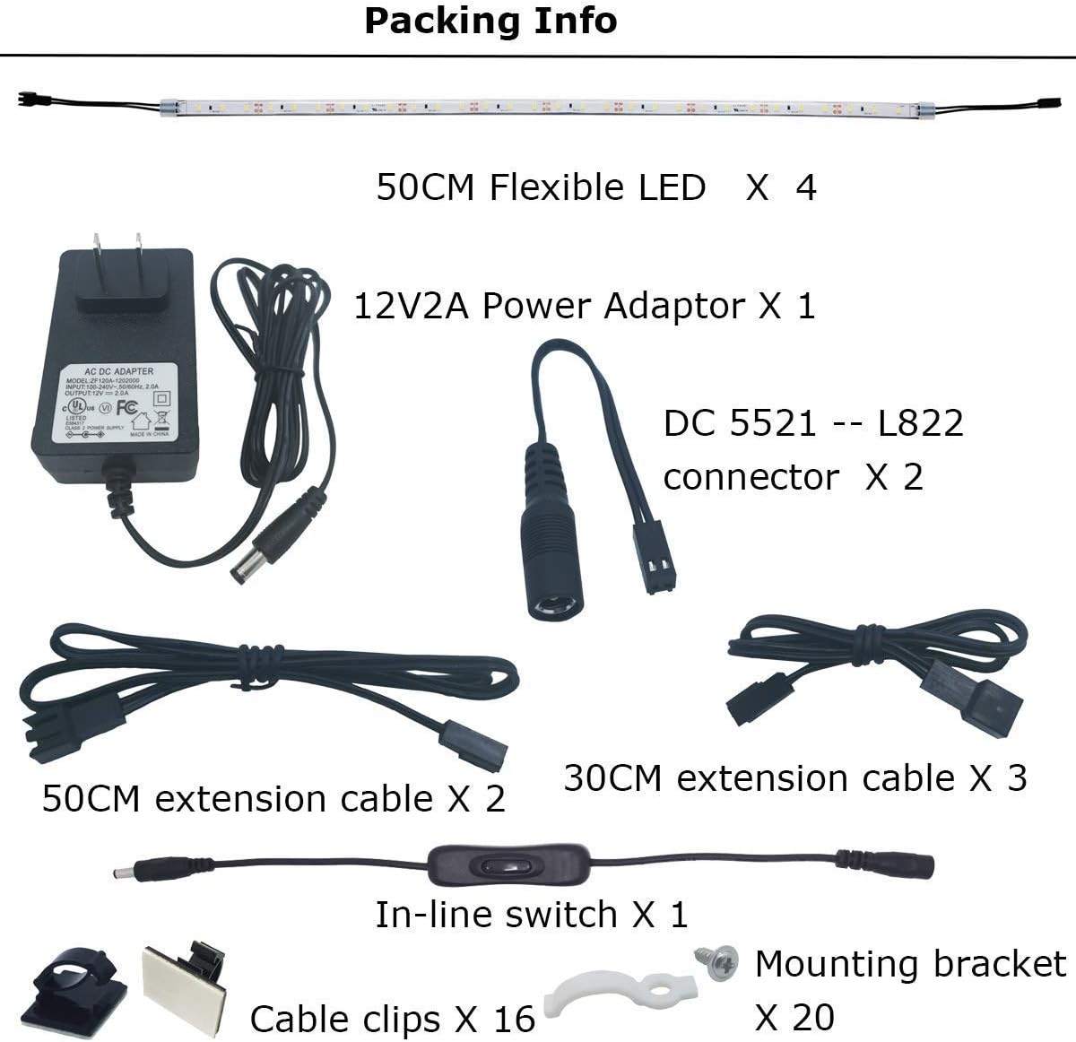 Contents of the Litever LED Lighting Kit including LED strips, power adapter, cables, and mounting hardware.