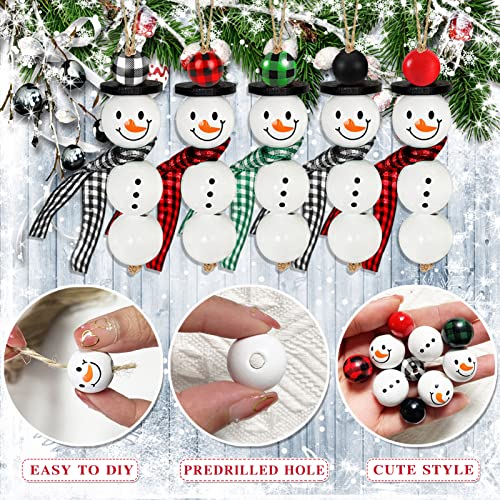 Image of 205 Pieces Christmas Snowman Wooden Beads Craft Project Natural Polished Wood Bead with Twine, Winter Christmas Tree Hanging Ornaments, Rustic DIY Garland Decoration for Home (Snowman)