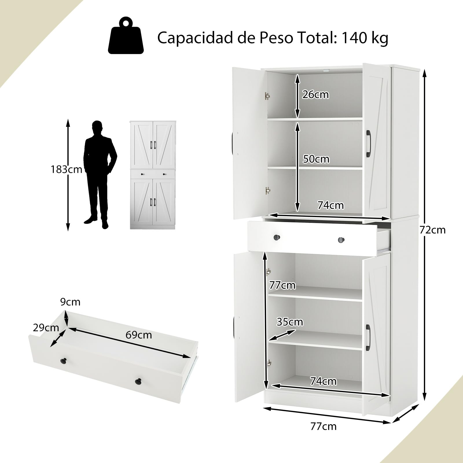 COSTWAY Alacena de Cocina, Despensa de Cocina con 4 Puertas, Cajón de Almacenaje y 3 Estantes Ajustables en 5 Posiciones, Armario Versátil con 2 Juegos Antivuelco para Salón, Comedor (Blanco)