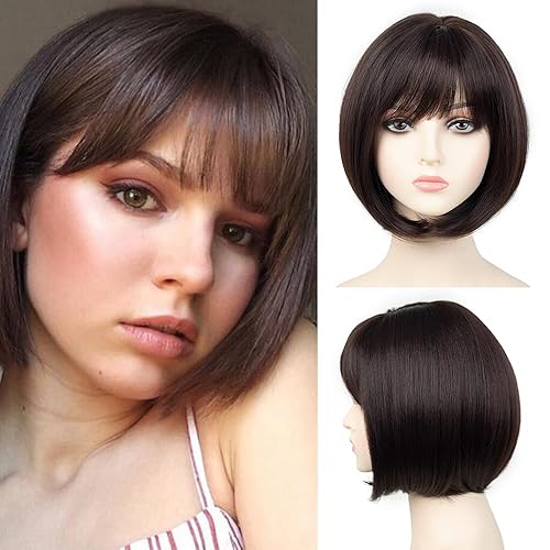 XIUFAXIRUSI XIUFAXIRUSI Peluca corta marrón Bob con bonito flequillo, pelucas de cabello lacio y sedoso para mujer, pelucas sintéticas de moda