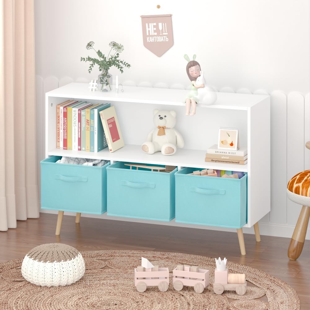 2-Tier Bookcase Bookshelf with Collapsible Fabric Drawers,Cute Book Display Storage Cabinet Organizer for Playroom Livingroom (White+Blue)