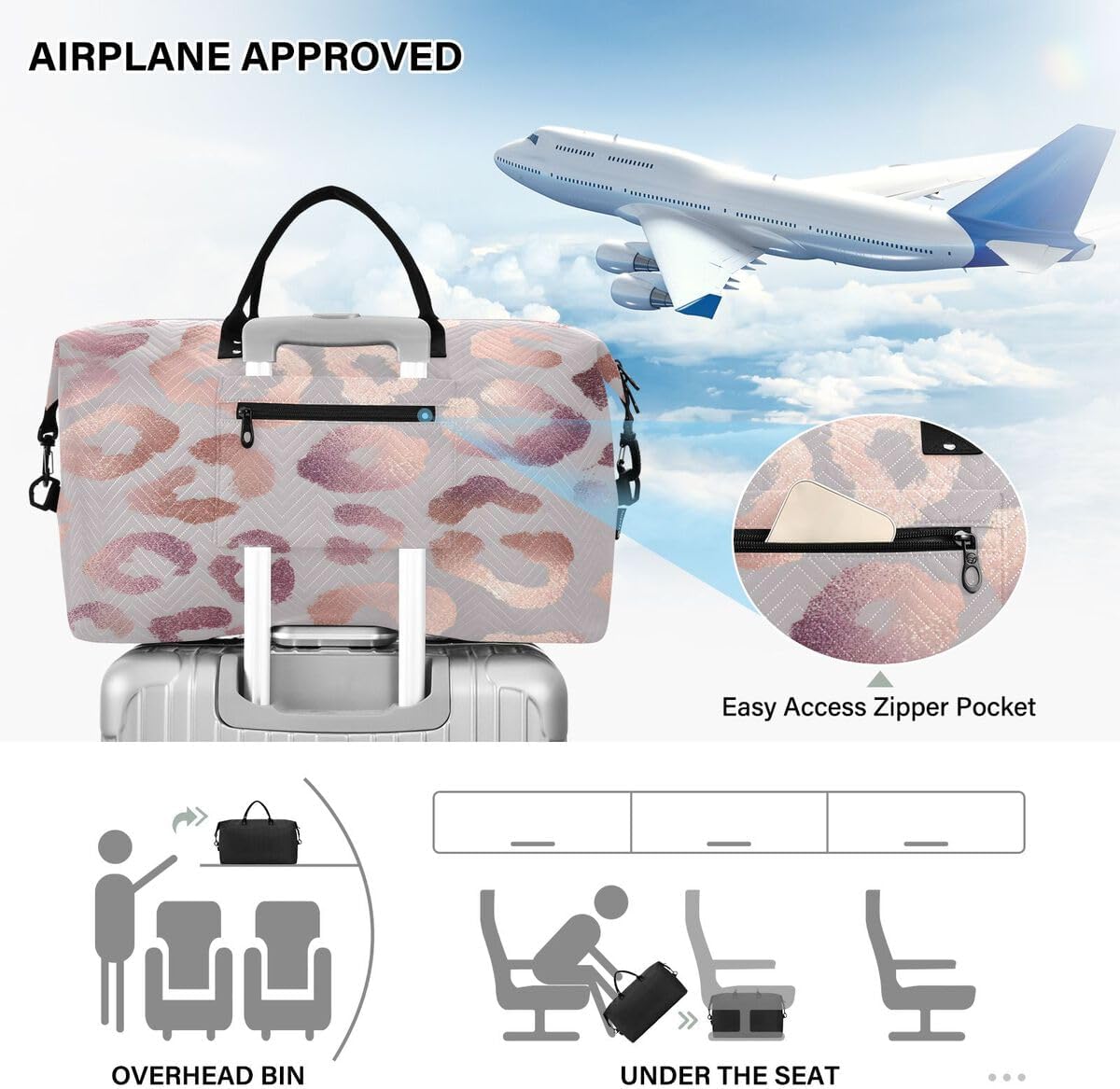 Leopard Print Cheetah Rose Gold Travel Duffle Bag Gym Bag Weekender Bags with Toiletry Bag Travel Trip Tote Bag