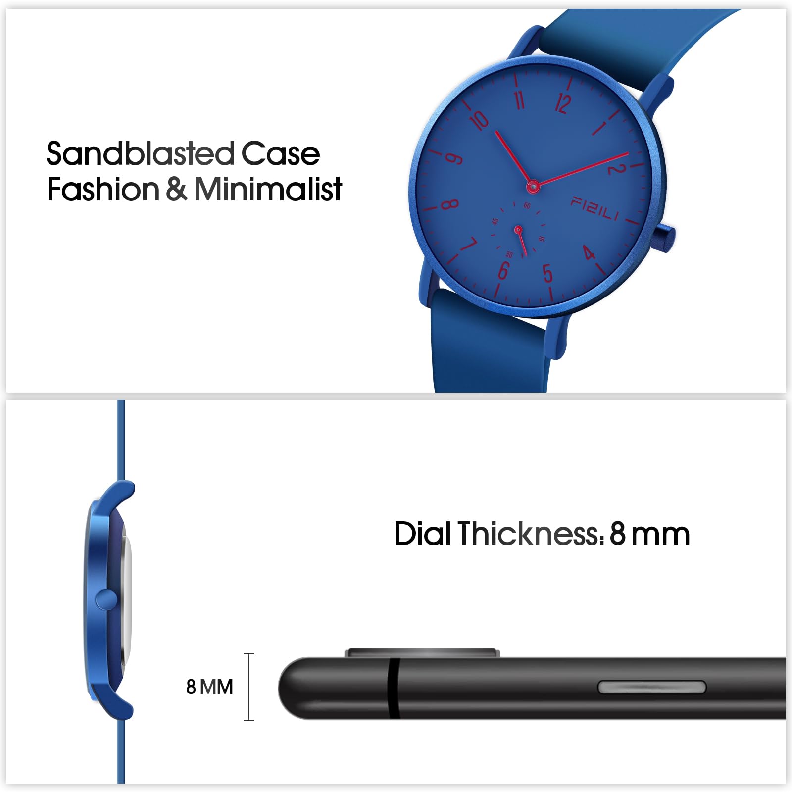 Orologio da polso da uomo, ultra sottile, minimalista, impermeabile, alla moda, per uomo o donna, con cinturino in silicone, 1100, blu e rosso