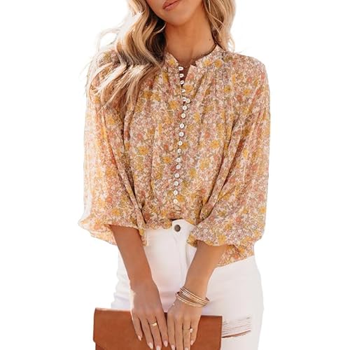 SHEWIN Women's Tops Casual V Neck Lantern Long Sleeve Boho Floral Print Button Down Shirts Chiffon Blouses