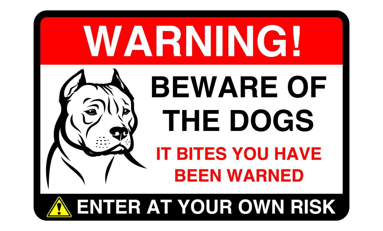 Safety First Display Ltd Red Beware Of The Dogs! It Bites You Have Been Warned Dog Sign - High Tack Self-Adhesive Sticker (300Mm X 200Mm) Viewing Distance Within 7M.