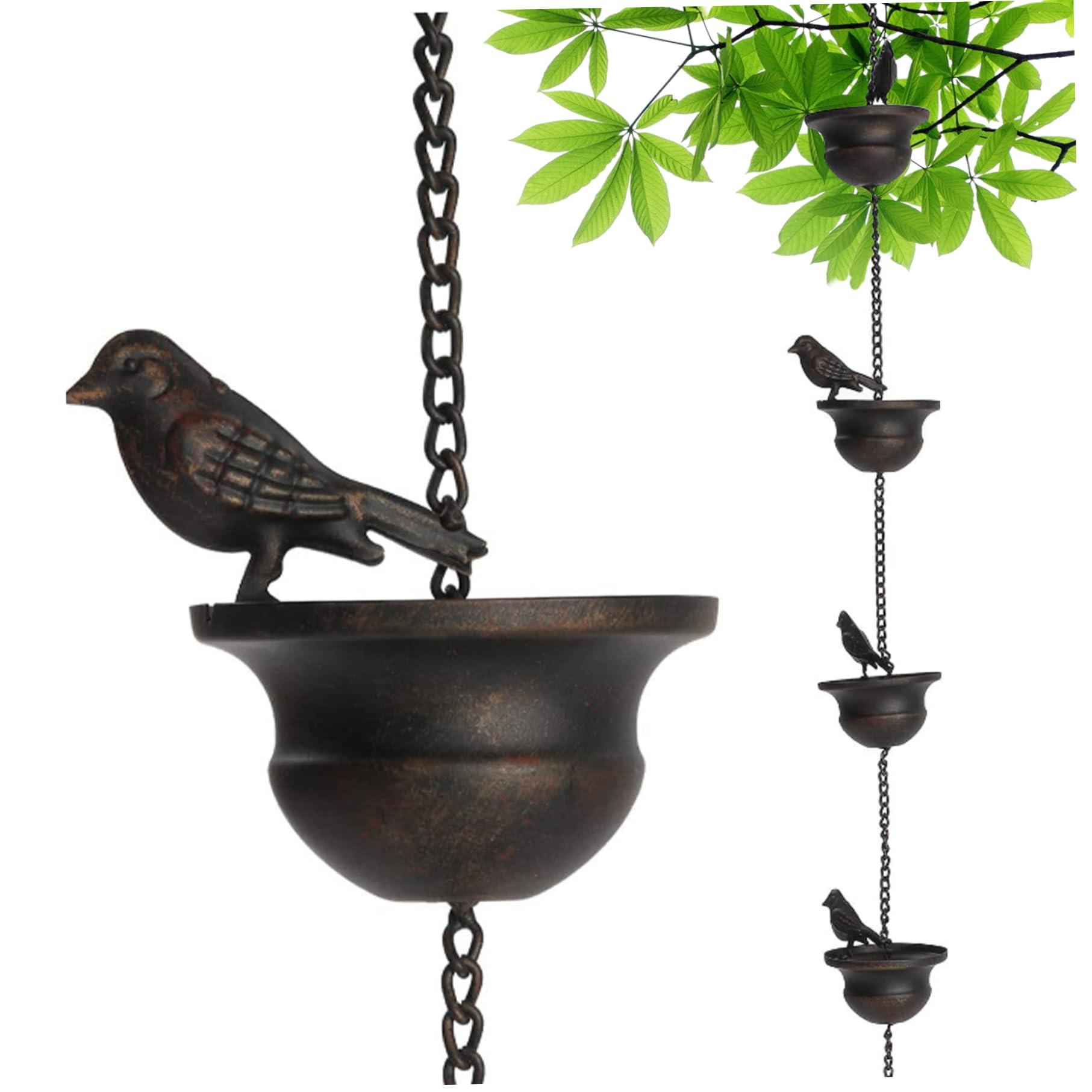 Cadena de lluvia de pájaros, 2,4 m cadenas de lluvia de metal para canaletas, cadena de receptor de lluvia colgante al aire libre, adorno colgante de jardín a prueba de óxido para decoraciones interi