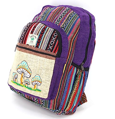 Unique Mushroom Embroidered Tie Dye Himalaya Hemp Large Hippie Backpack Festival Backpack FAIR TRADE Handmade with Love. (PURPLE)4