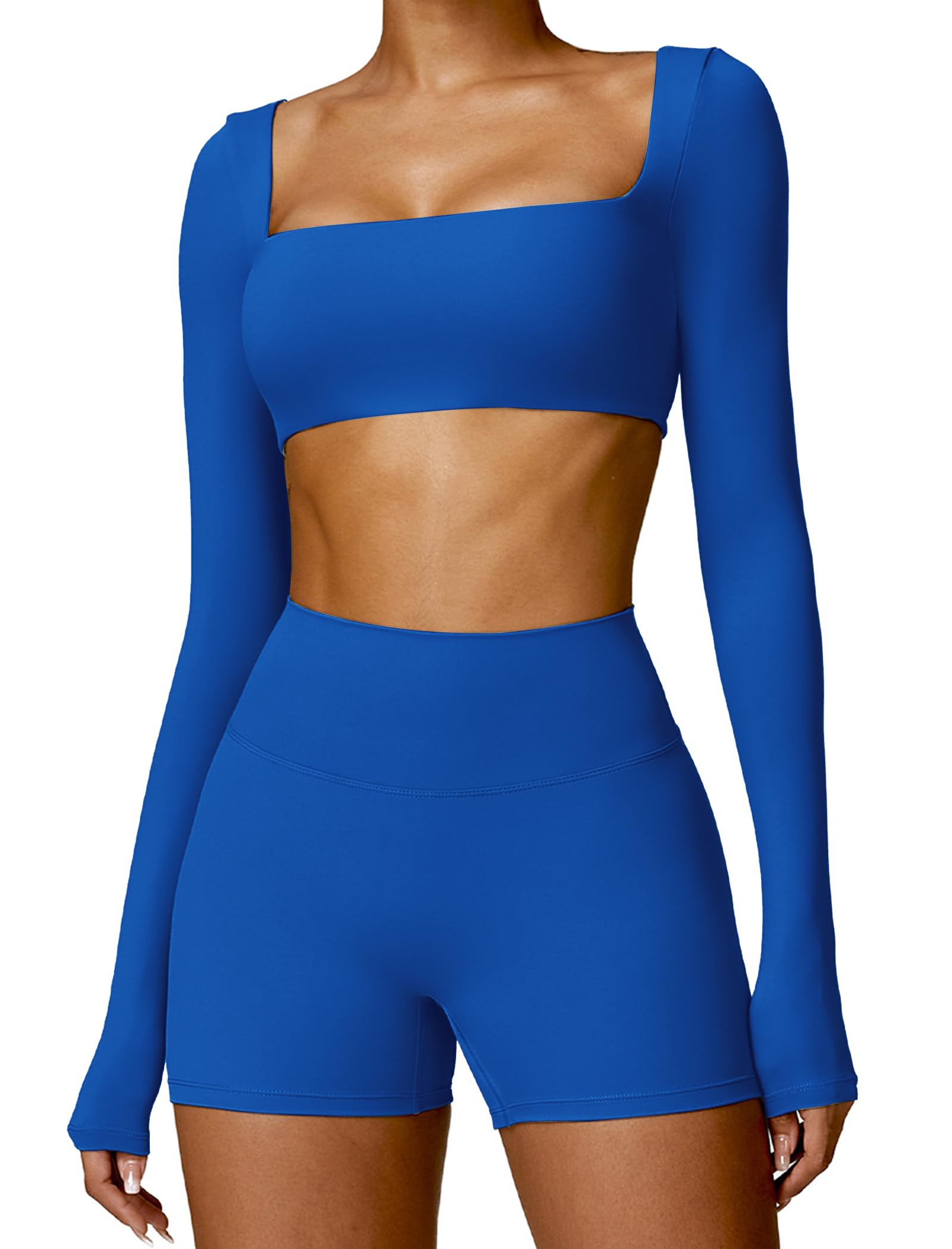ABOCIW Workout Sets for Women 2 Piece Square Neck Long Sleeve Crop Tops High Waist Biker Shorts Gym Sets