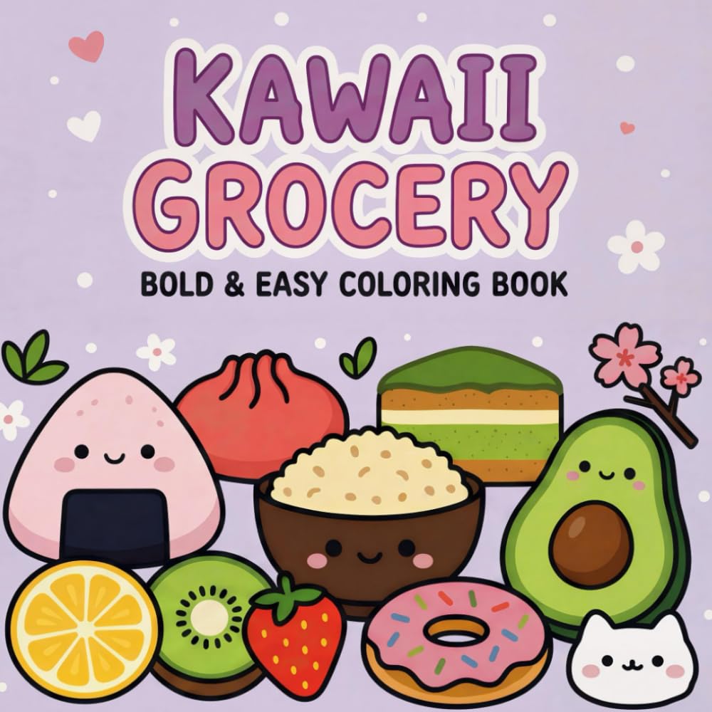 Kawaii Grocery: Bold and Easy Coloring Book for Kids and Adults | Simple and Big Illustrations of Cute Japanese Food, Snacks, and Drinks for Fun and Relaxation