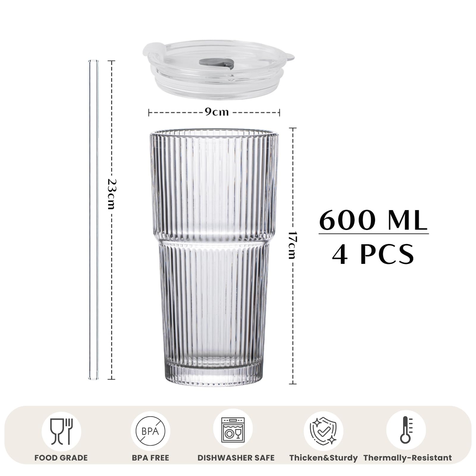 INSETLAN 600ml Ribbed Glass Tumblers with Lids and Straws, Leakproof Iced Coffee Cup - Image 2