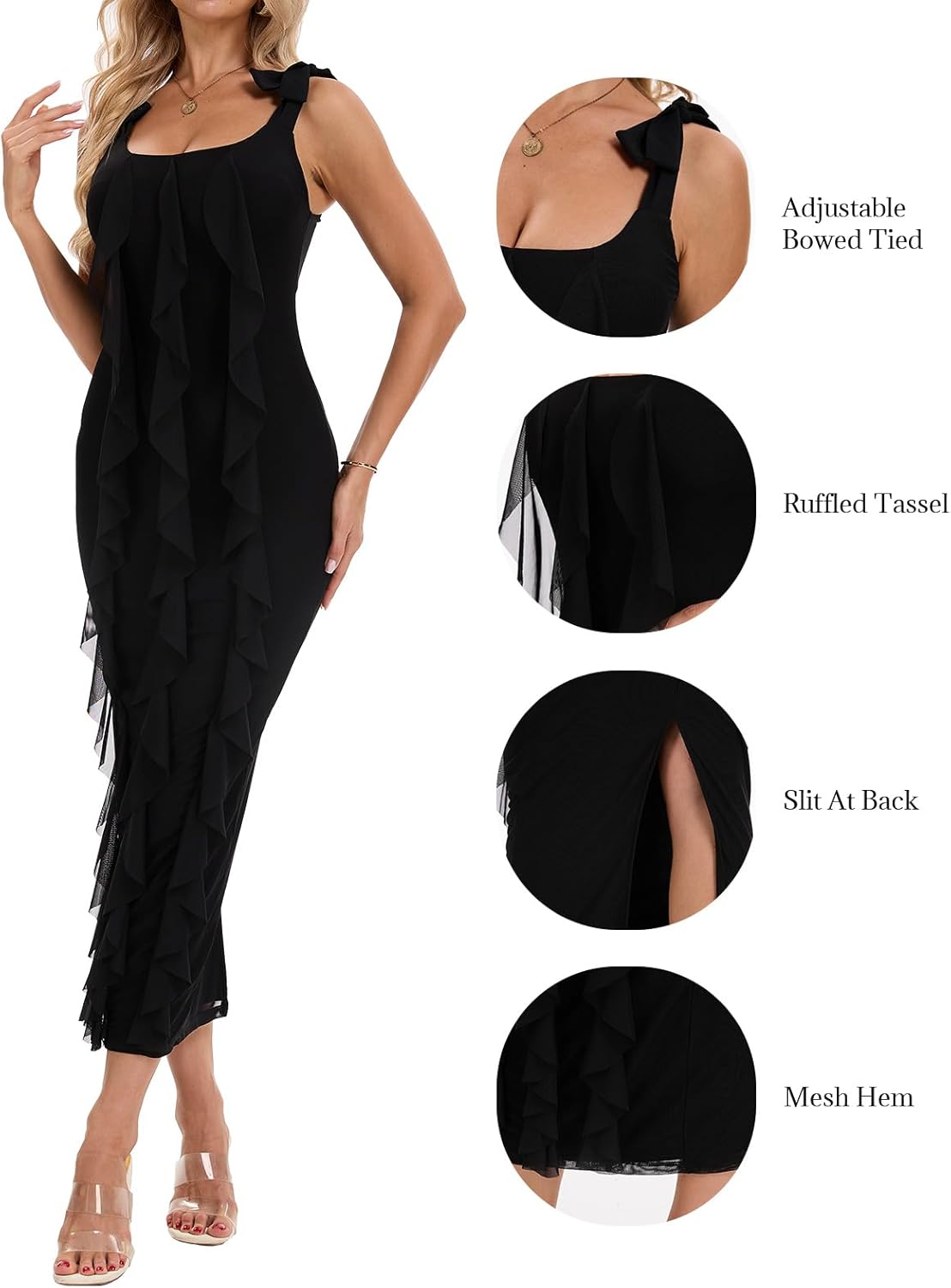 Women's Sexy Bodycon Maxi Dress Ruffle Ruched Cocktail Party Stretch Tied Strap Split Slim Dresses - Image 5