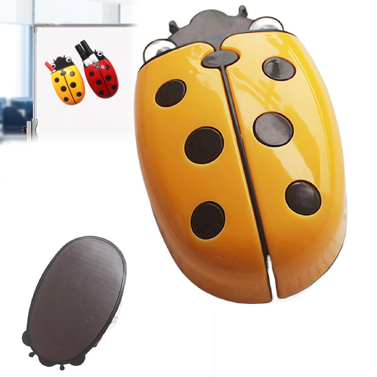 Ladybug Magnetic Pen Holder & Eraser, Cartoon Ladybug Shaped Whiteboard Marker Organizer With Strong Magnet, Dual-purpose Pen Container Storage Box for Fridge Locker Classroom Office (Yellow 1pcs)